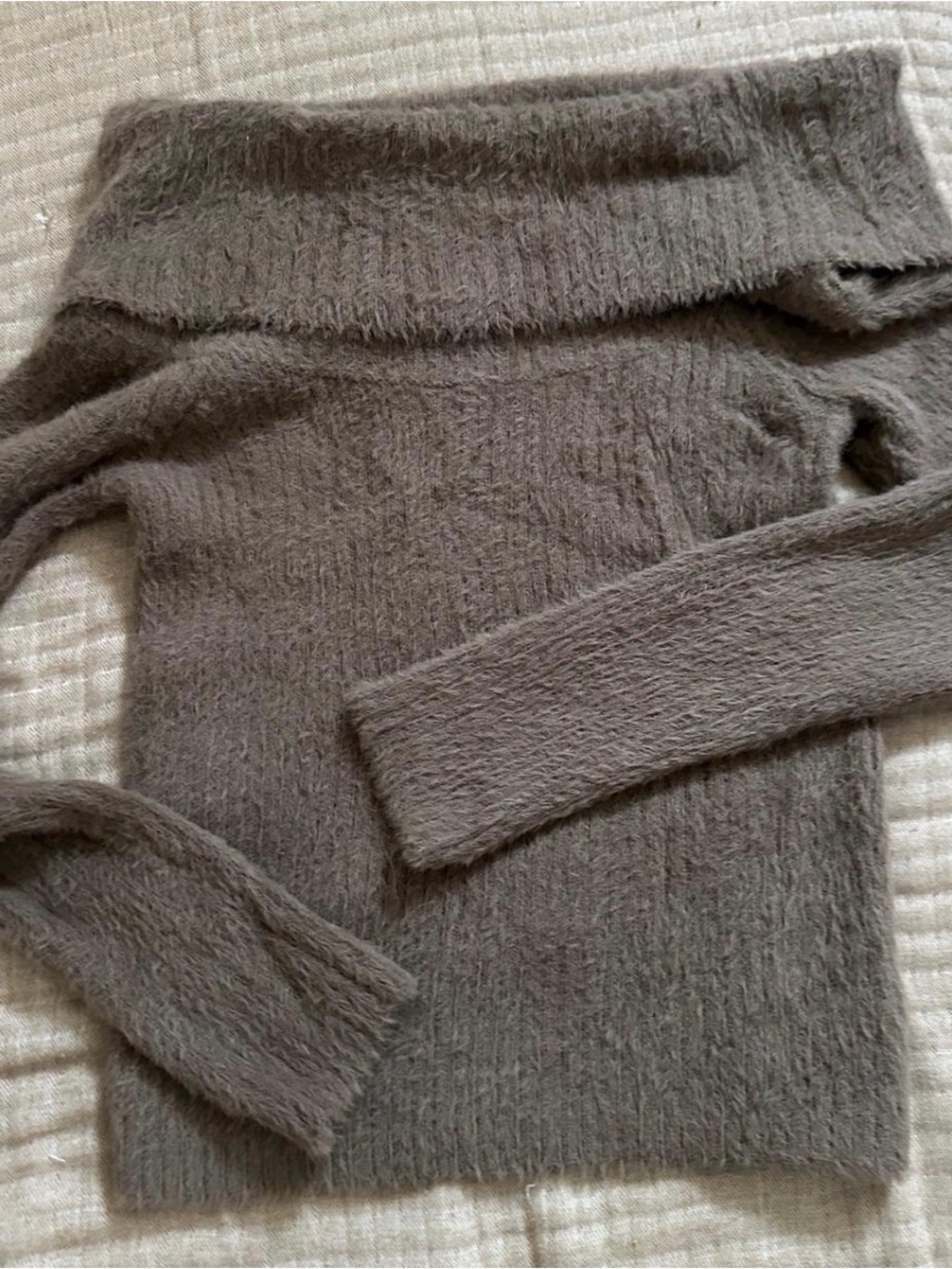 Hippie Rose Fuzzy Off-Shoulder Sweater - Taupe Gray